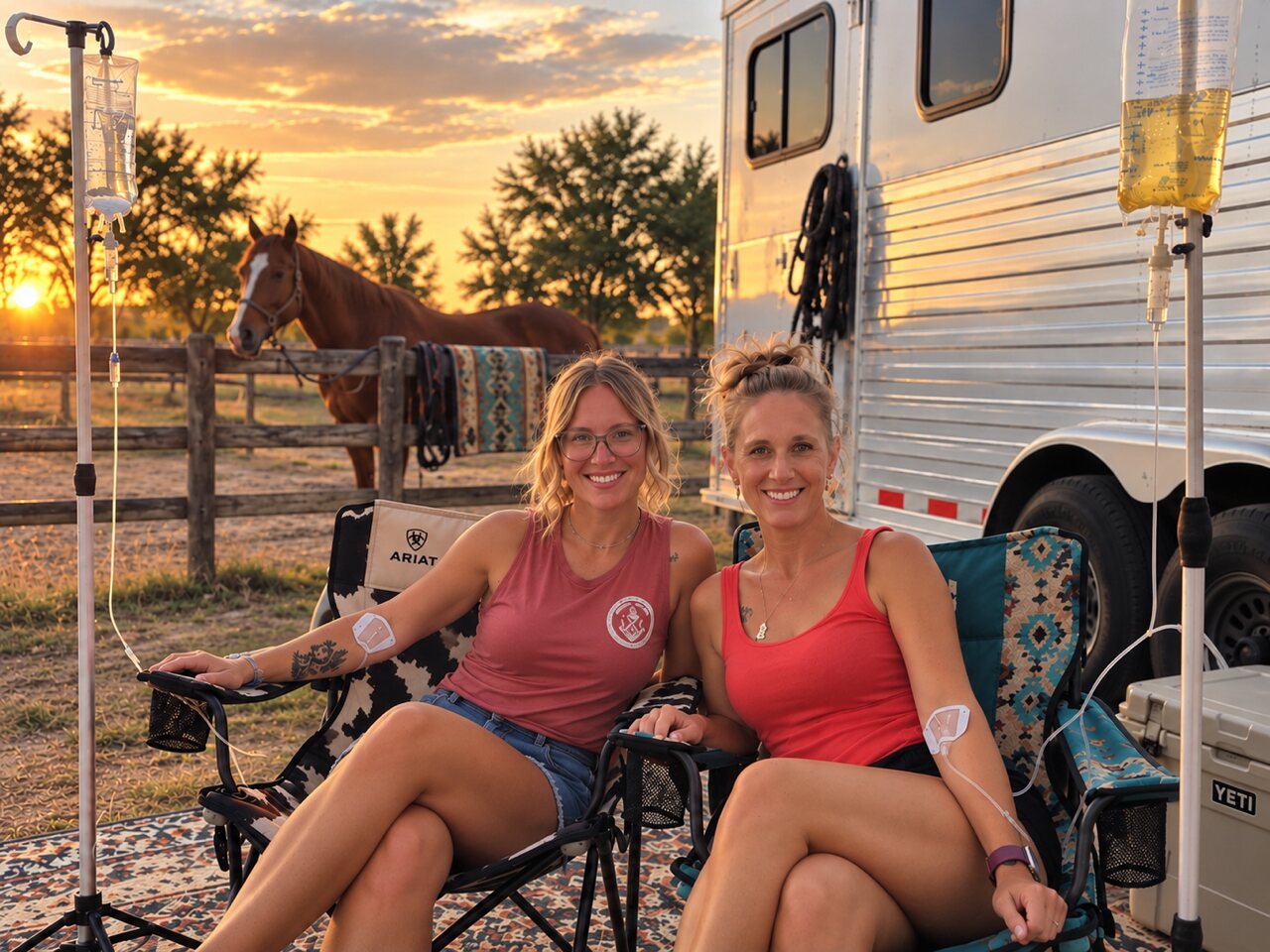 Two rodeo athletes relaxing with ARENA Drip IV drips beside the horse trailer at sunset